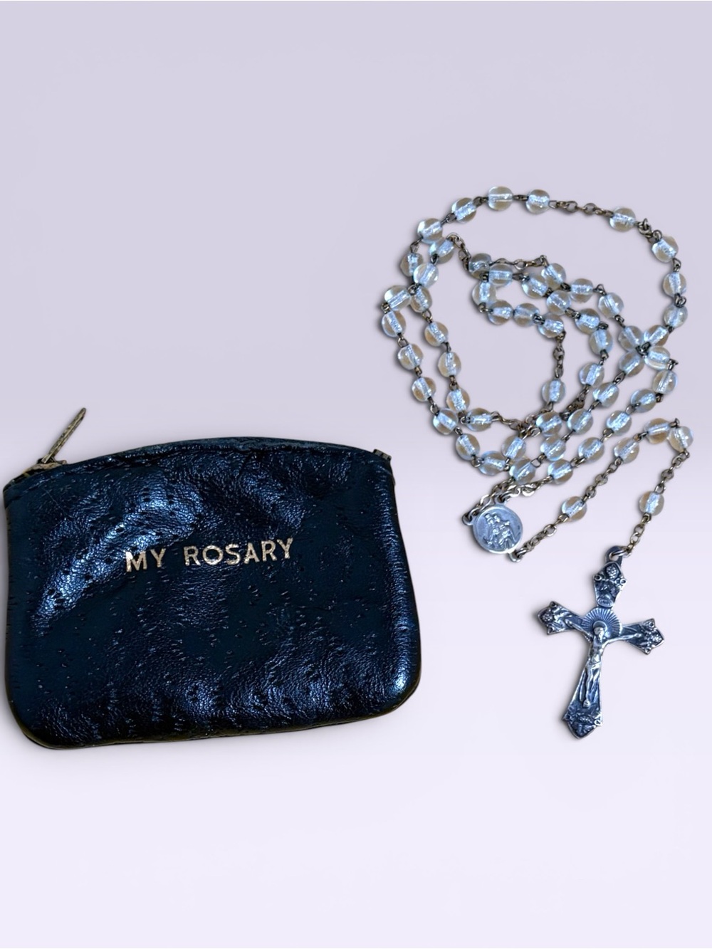 Vintage Clear Glass Beads Rosary With Leather Case Italy Crucifix Medal